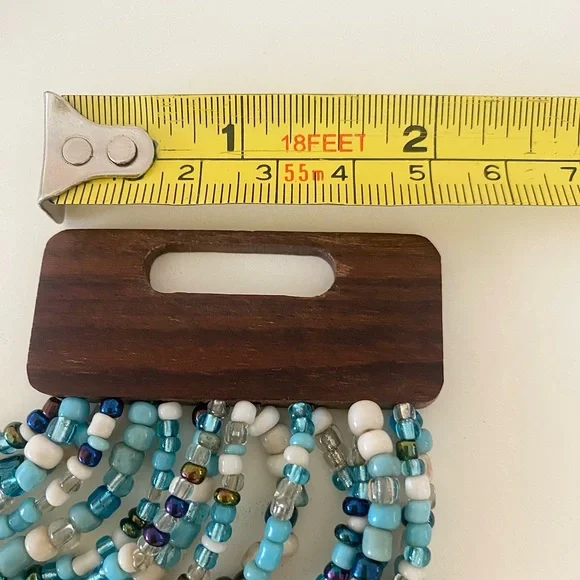 Unique Vintage Aqua Blue and White Beaded Necklace with carved wood clasp - Picture 8 of 9